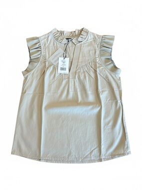 MELISSA NEPTON Ruffle Sleeve Cotton Top i& vegan leather Bermudas in Light Beige